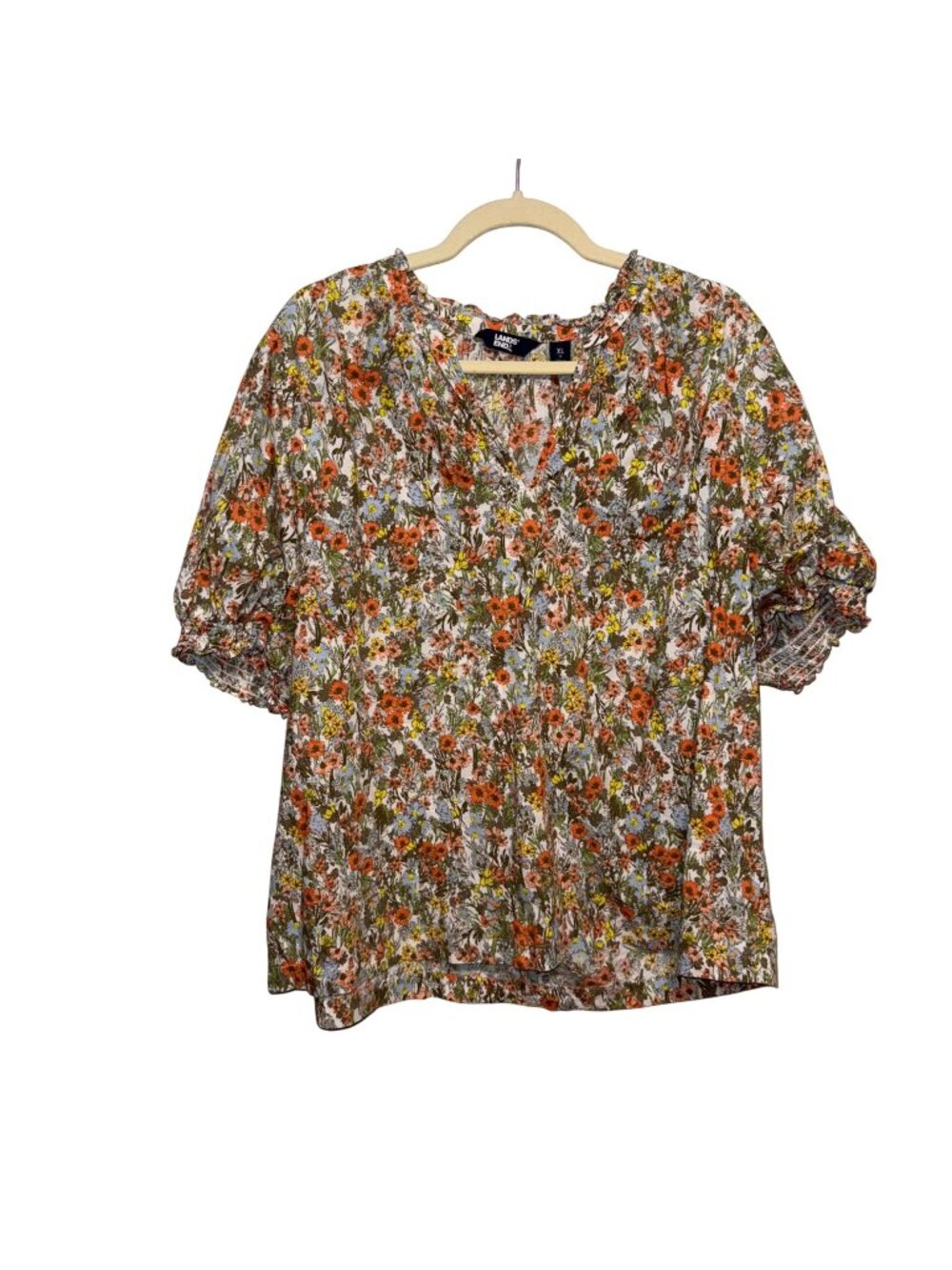 Lands End Womens Floral Peasant Blouse XL Lightweight Short Sleeve